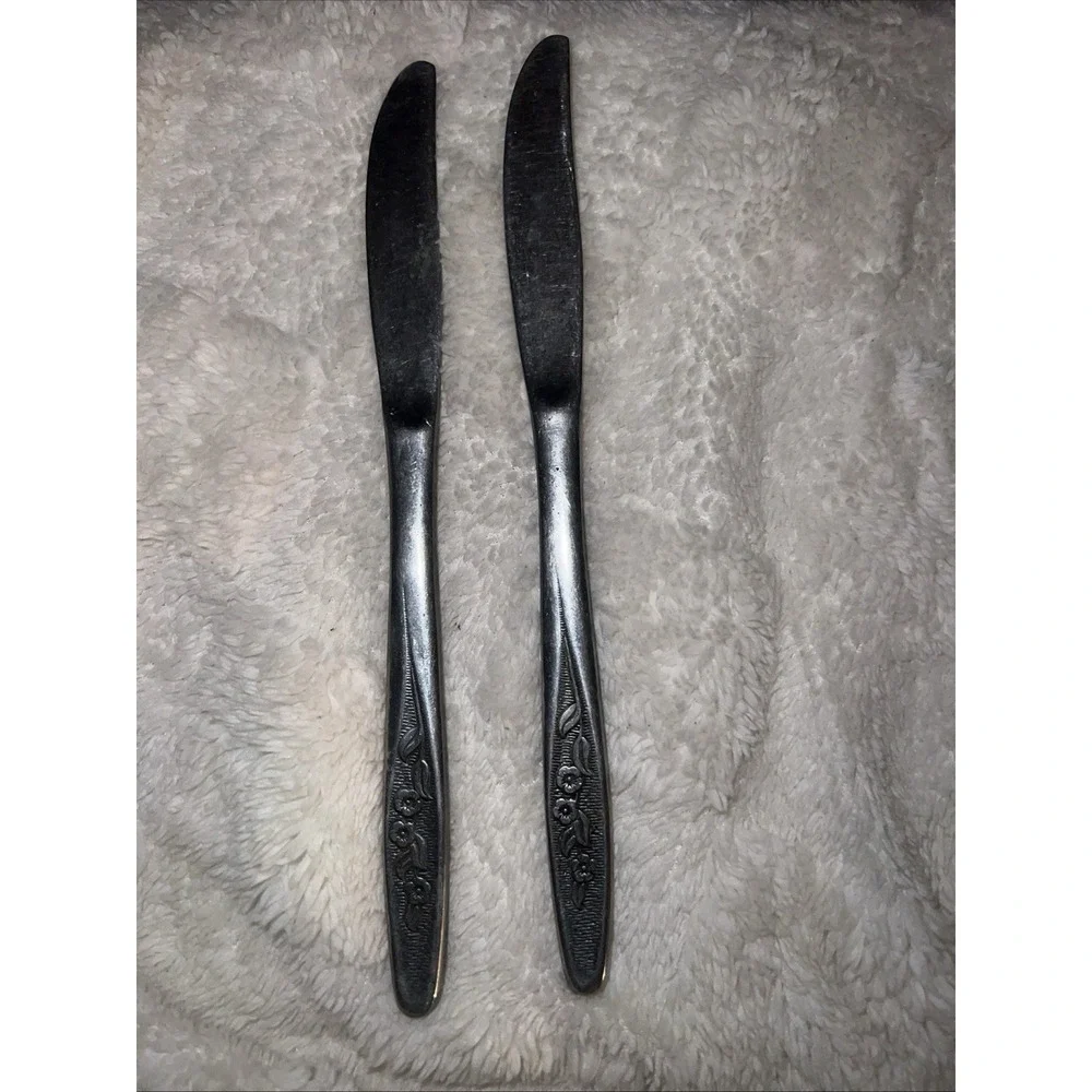 Unmarked 2 Butter Knives Radiant Rose Pattern USA Used Superior Stainless?